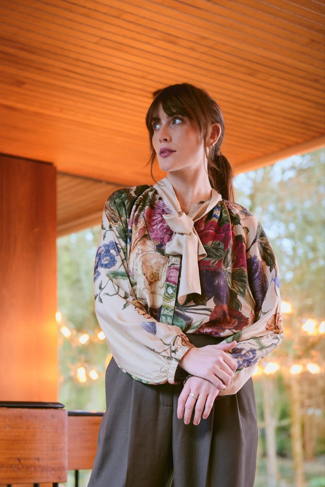 One Hundred stars- Primula Stone PussyBow Blouse