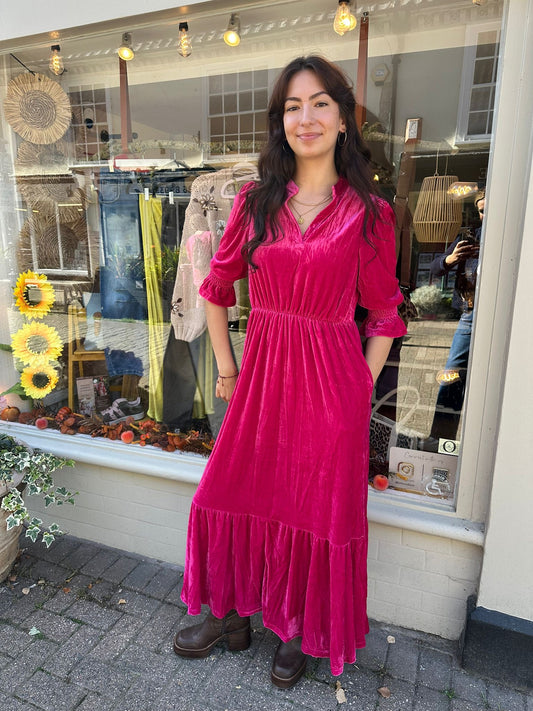 Lara Velvet Style Midi Dress- Fuchsia
